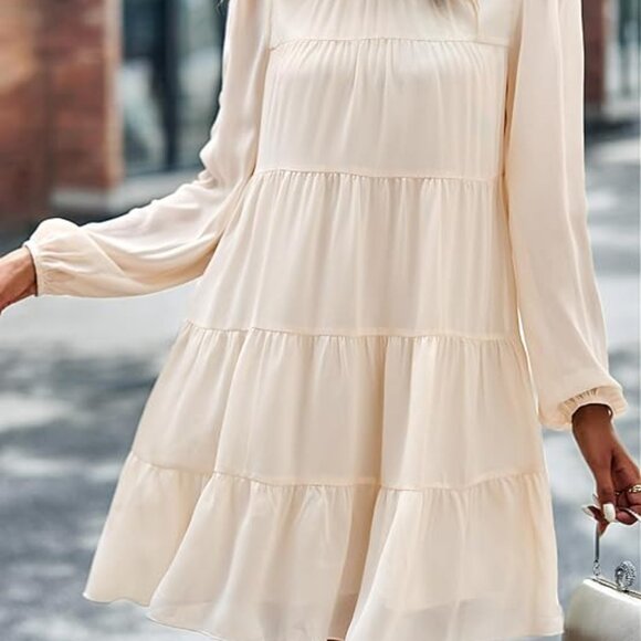 Women's Tunic Long Sleeve Ruffle Mock Neck Tiered Mini‎ Babydoll Dress - Picture 4 of 6